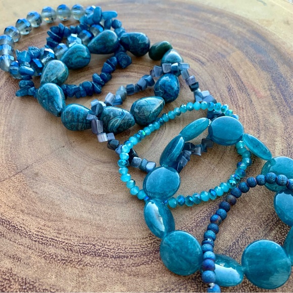 Natural Blue Gray Apatite, Jasper & Moonstone Gemstone Mix Bead Bracelet Stack - Picture 10 of 13